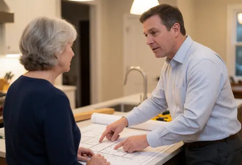 Architect pointing at blueprints on a table while discussing kitchen design details with an older female client in a modern home setting.