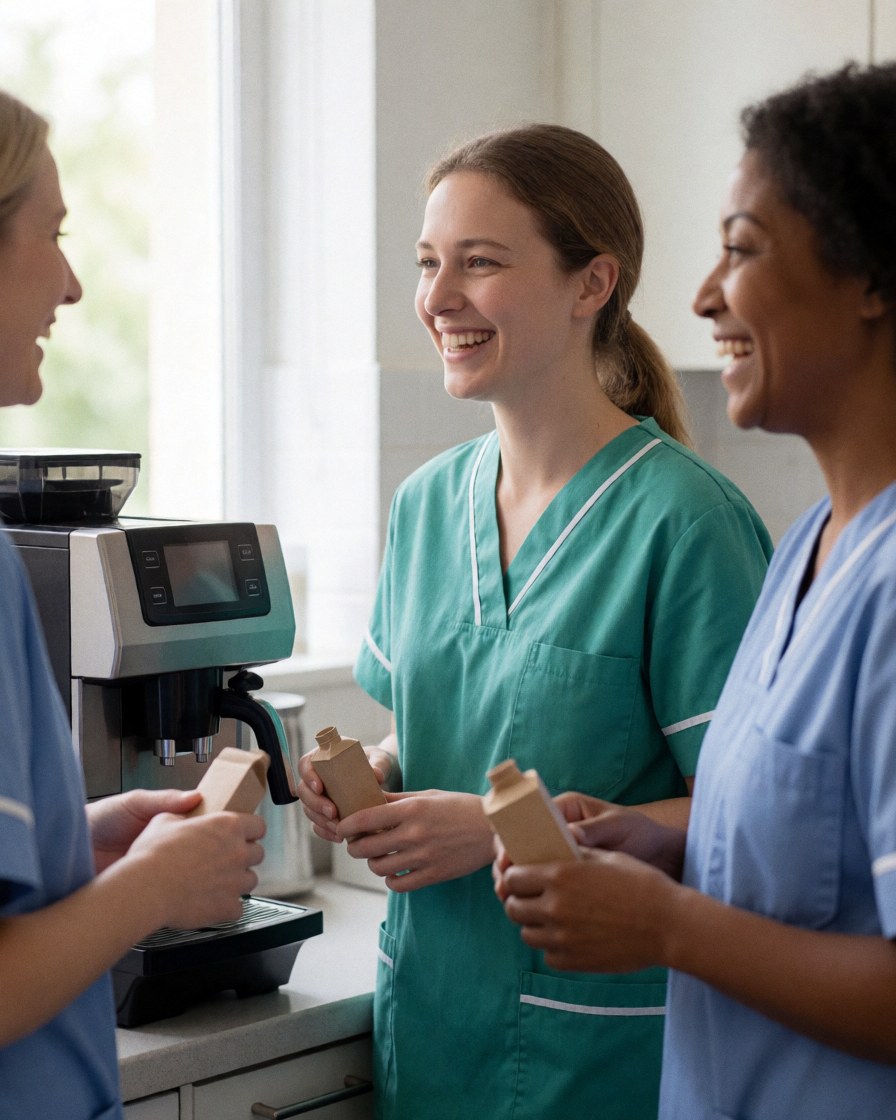 Three smiling nurses relaxing with coffee and milk cartons during a break at a medical clinic.