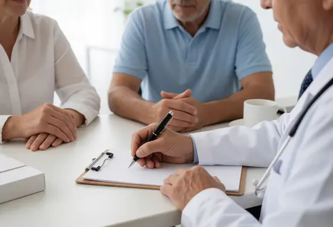Medical professional writing notes on a clipboard while attending to patients in a clinical office setting with a desk and stethoscope visible