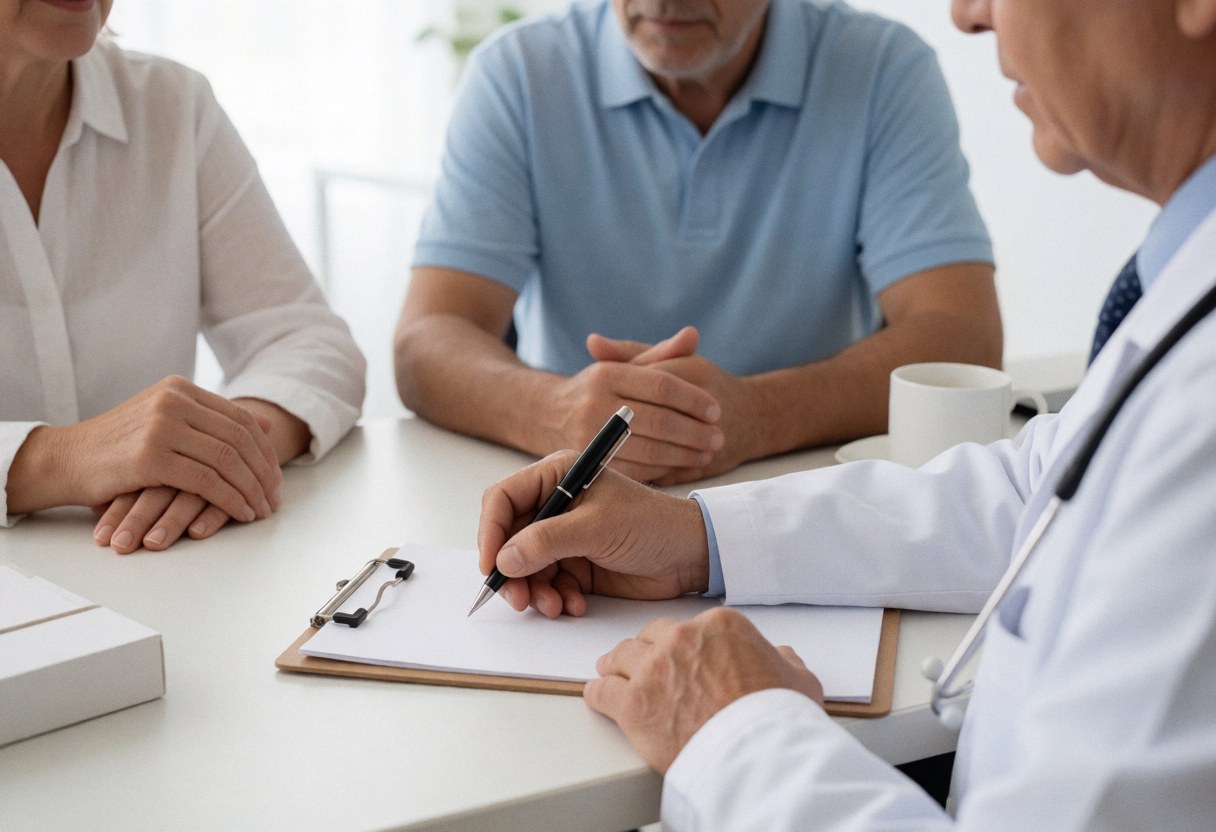 Medical professional writing notes on a clipboard while attending to patients in a clinical office setting with a desk and stethoscope visible