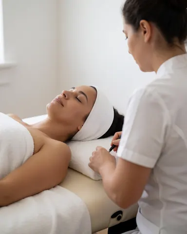 A therapist applies a facial treatment to a relaxed client lying on a massage bed with white towels and a wrapped head in a serene setting.