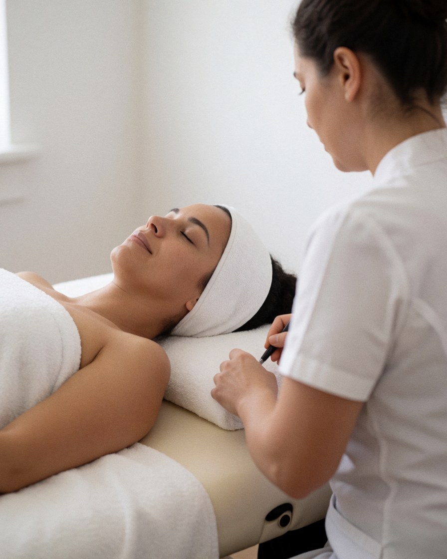 A therapist applies a facial treatment to a relaxed client lying on a massage bed with white towels and a wrapped head in a serene setting.