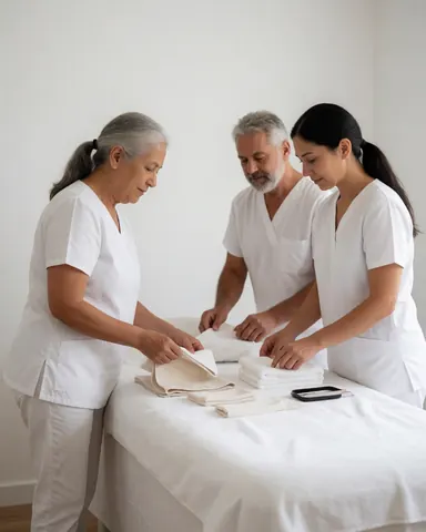A therapist arranging towels and linens on a massage table to prepare the workspace for a client appointment.