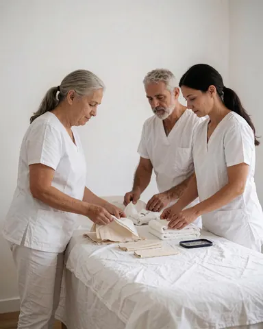 A therapist arranging towels and linens on a massage table to prepare the workspace for a client appointment.