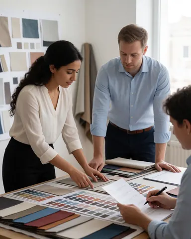 A group of professionals gathered around a table reviewing design materials, furniture samples, and color palettes during an architecture and interiors planning session