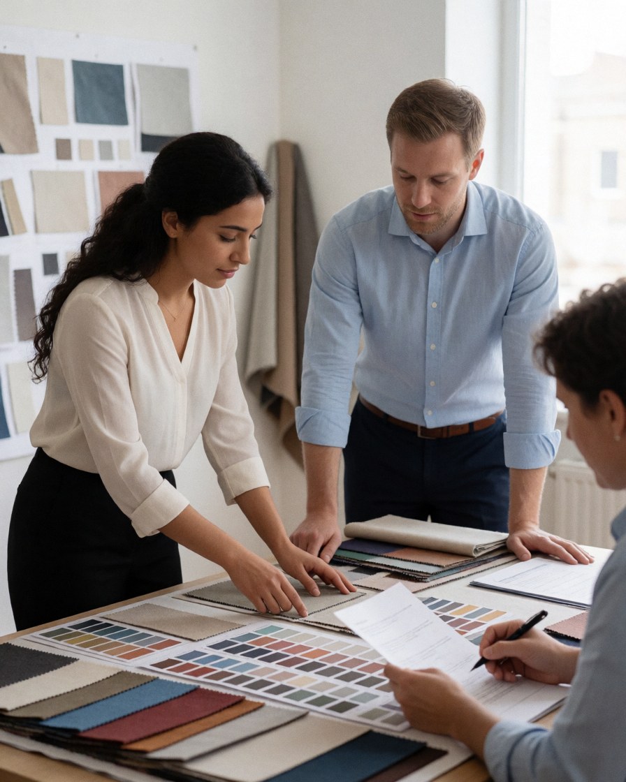 A group of professionals gathered around a table reviewing design materials, furniture samples, and color palettes during an architecture and interiors planning session