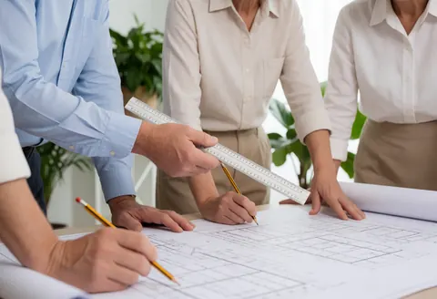 Three architects examine blueprints with rulers and pencils on a table in a bright, professional studio with plants in the background.