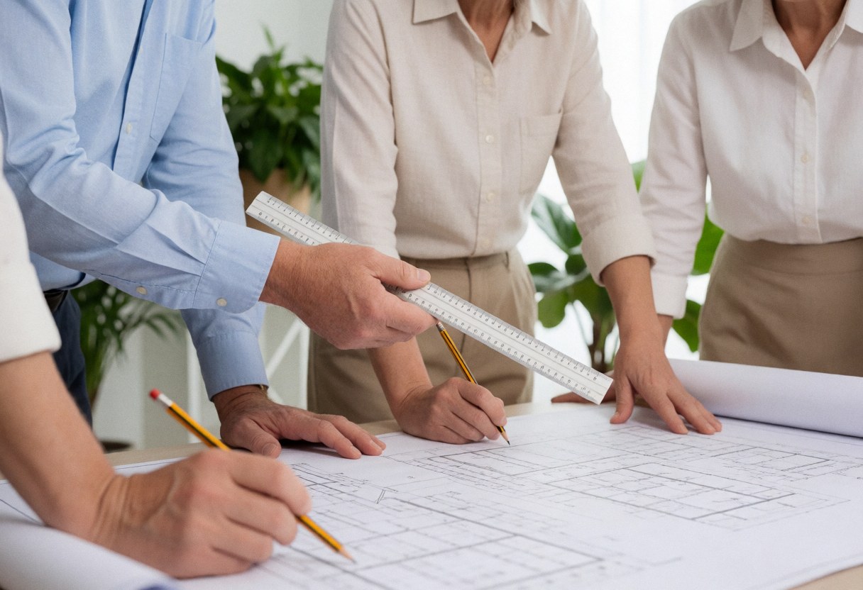 Three architects examine blueprints with rulers and pencils on a table in a bright, professional studio with plants in the background.