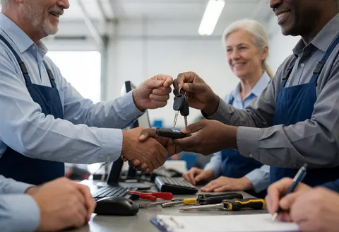 A mechanic hands car keys to a customer and shakes their hand in a clean auto repair shop with tools and a computer on the desk.
