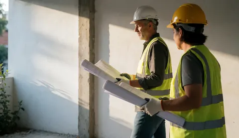 Two architects wearing hard hats and safety vests review blueprints on a construction site with sunlight and shadows on concrete walls