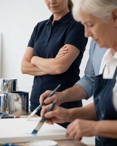 A professional female painter holding a brush and paint cans while working on a white canvas in a studio with another person standing nearby observing.