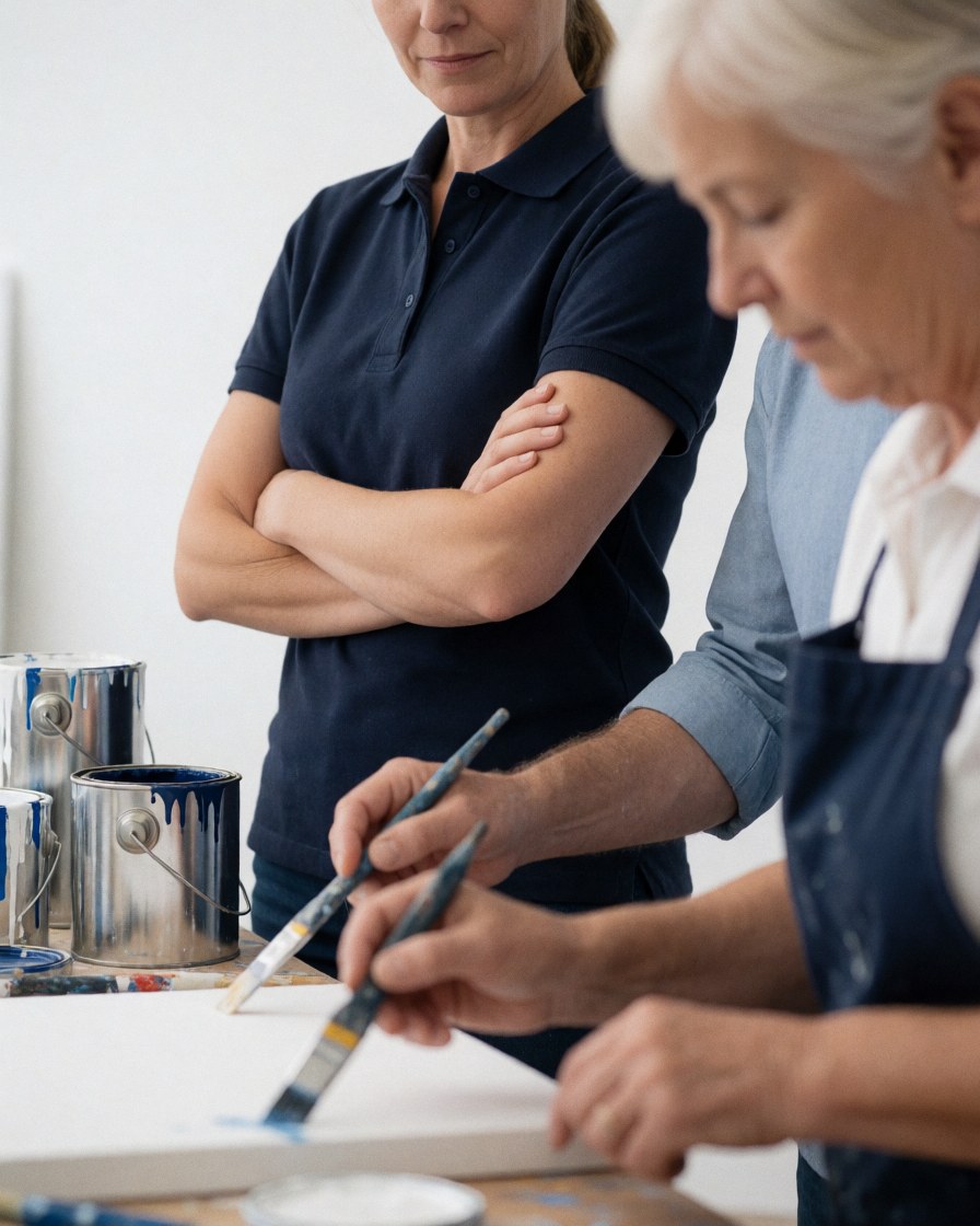 A professional female painter holding a brush and paint cans while working on a white canvas in a studio with another person standing nearby observing.
