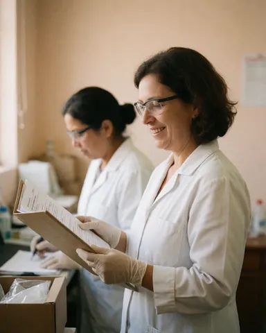 Two lab professionals in clinical attire reviewing documents, one smiling while holding a file, both wearing coats, gloves, and safety glasses