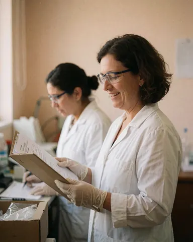 Two lab professionals in clinical attire reviewing documents, one smiling while holding a file, both wearing coats, gloves, and safety glasses