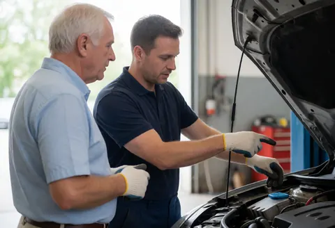 A professional mechanic in gloves explains technical details about an oil change to an attentive older male customer inside a well-lit auto repair garage