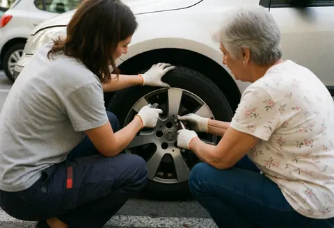A female mechanic and a customer crouch together to inspect a car tire in a parking lot, wearing gloves and using tools during the day.