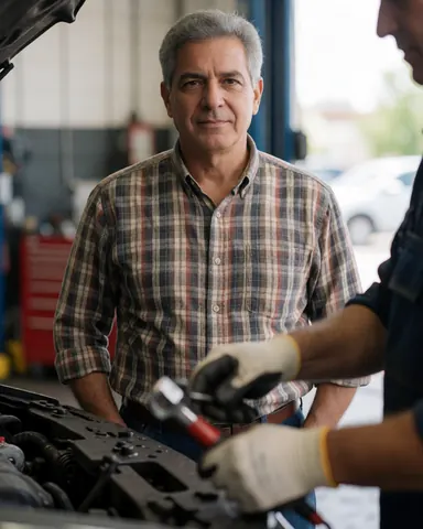 A mechanic wearing gloves works on a car engine in a well-lit garage, using tools with a realistic and professional atmosphere.