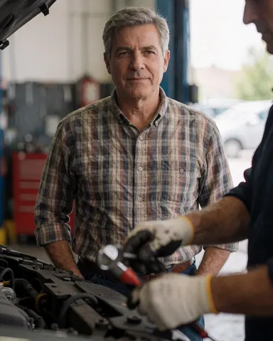 A mechanic wearing gloves works on a car engine in a well-lit garage, using tools with a realistic and professional atmosphere.