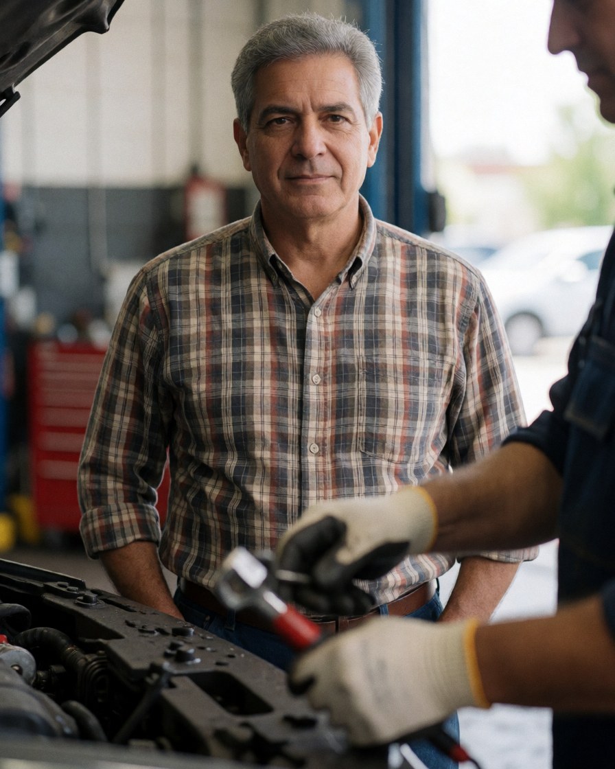 A mechanic wearing gloves works on a car engine in a well-lit garage, using tools with a realistic and professional atmosphere.