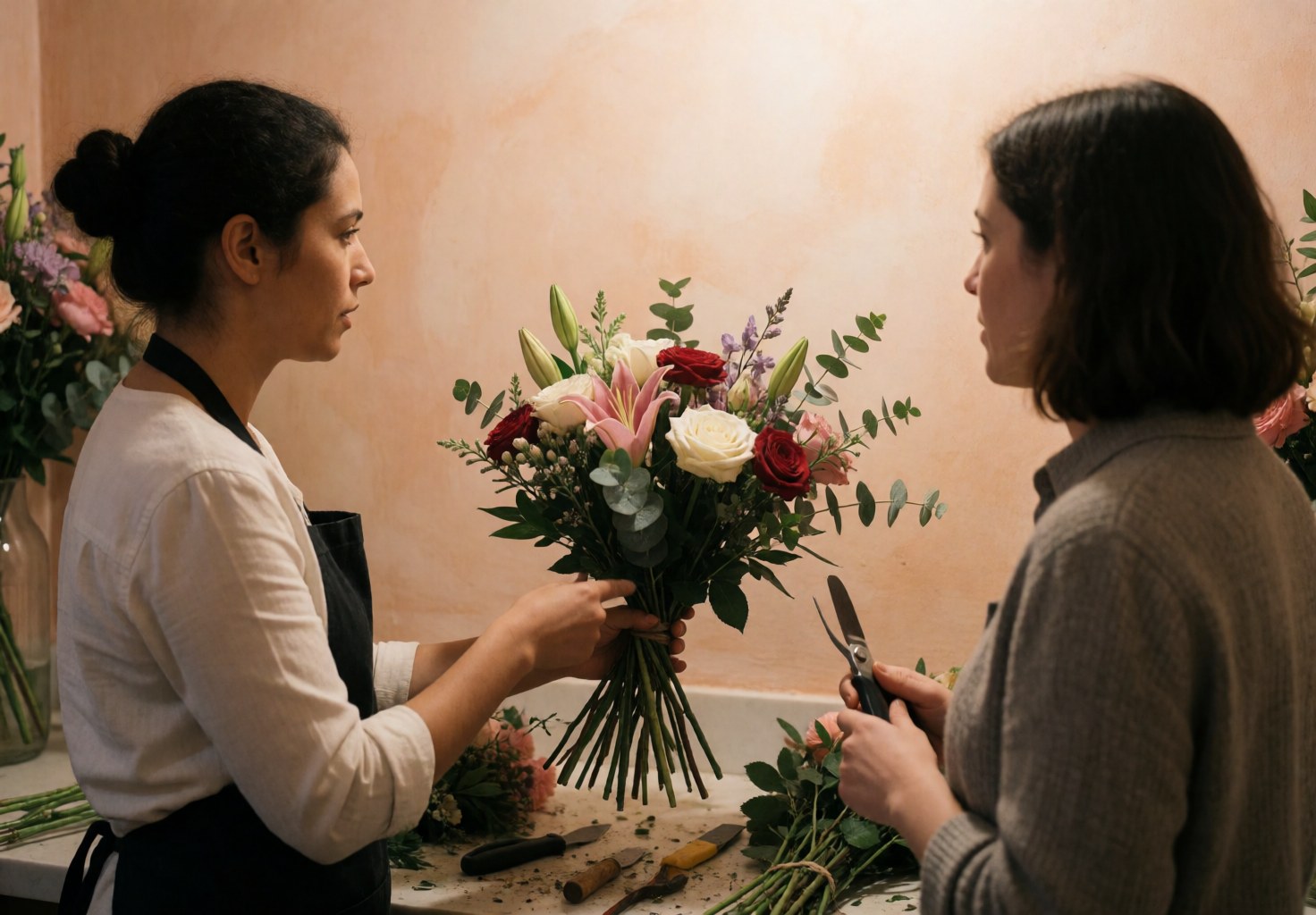 A florist and client work together on a flower bouquet with scissors and tools on a terracotta counter.