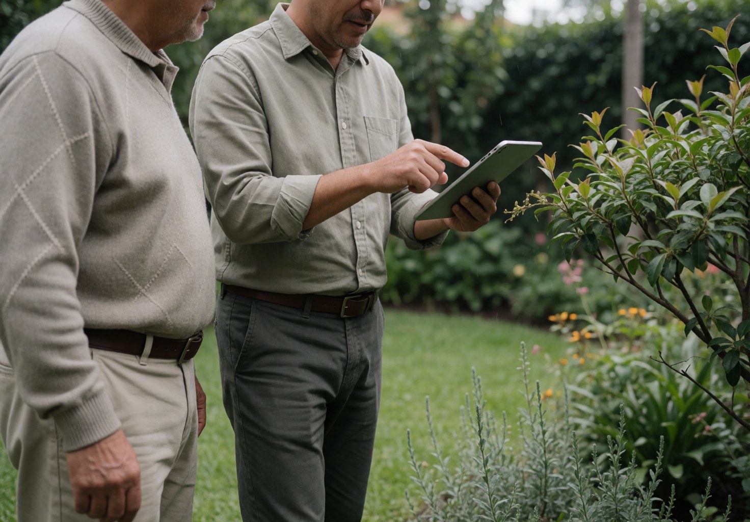 A real estate agent uses a tablet to guide a client through a sunny garden while evaluating residential property features.