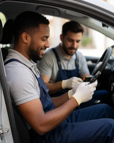 A happy customer wearing gloves sits relaxed in the driver's seat of a car, smiling while holding a phone after vehicle service.