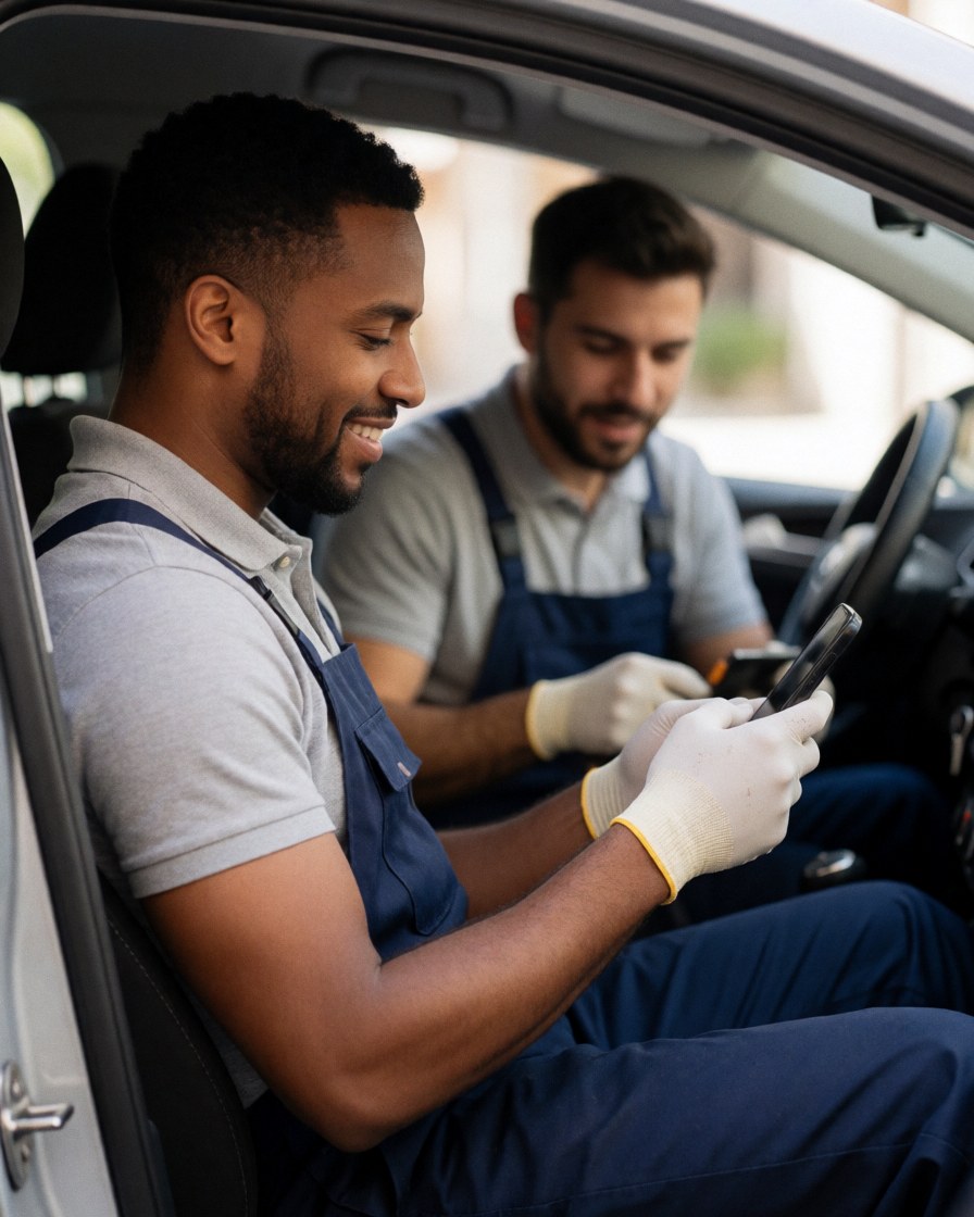 A happy customer wearing gloves sits relaxed in the driver's seat of a car, smiling while holding a phone after vehicle service.