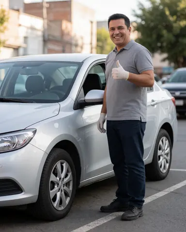 Smiling mechanic in work gloves giving a thumbs up to approve a white car repair in a parking lot