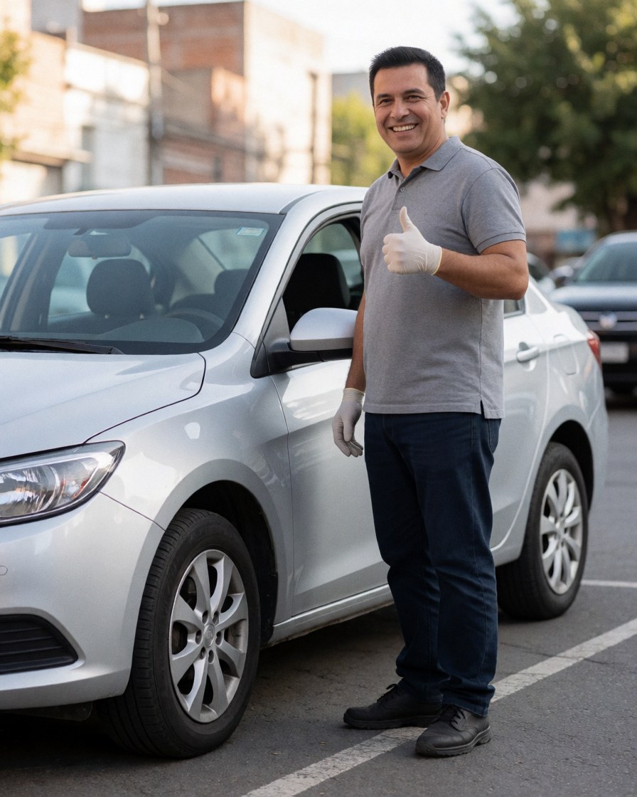 Smiling mechanic in work gloves giving a thumbs up to approve a white car repair in a parking lot