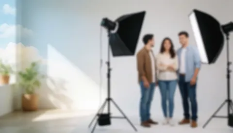 Soft blurred studio background with blue tones, ideal for overlaying text in business presentations and marketing materials.