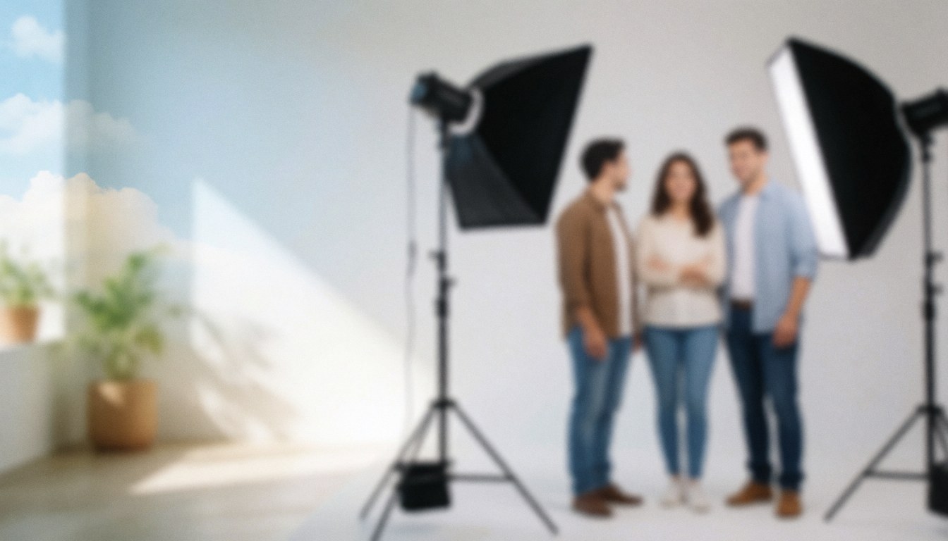 Soft blurred studio background with blue tones, ideal for overlaying text in business presentations and marketing materials.