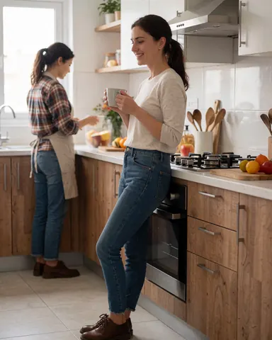 A smiling woman wearing casual jeans and brown shoes stands in a bright modern kitchen with wooden cabinets, natural light, and fresh fruit on the counter.