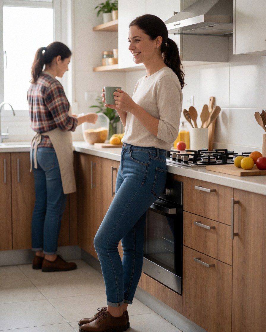 A smiling woman wearing casual jeans and brown shoes stands in a bright modern kitchen with wooden cabinets, natural light, and fresh fruit on the counter.