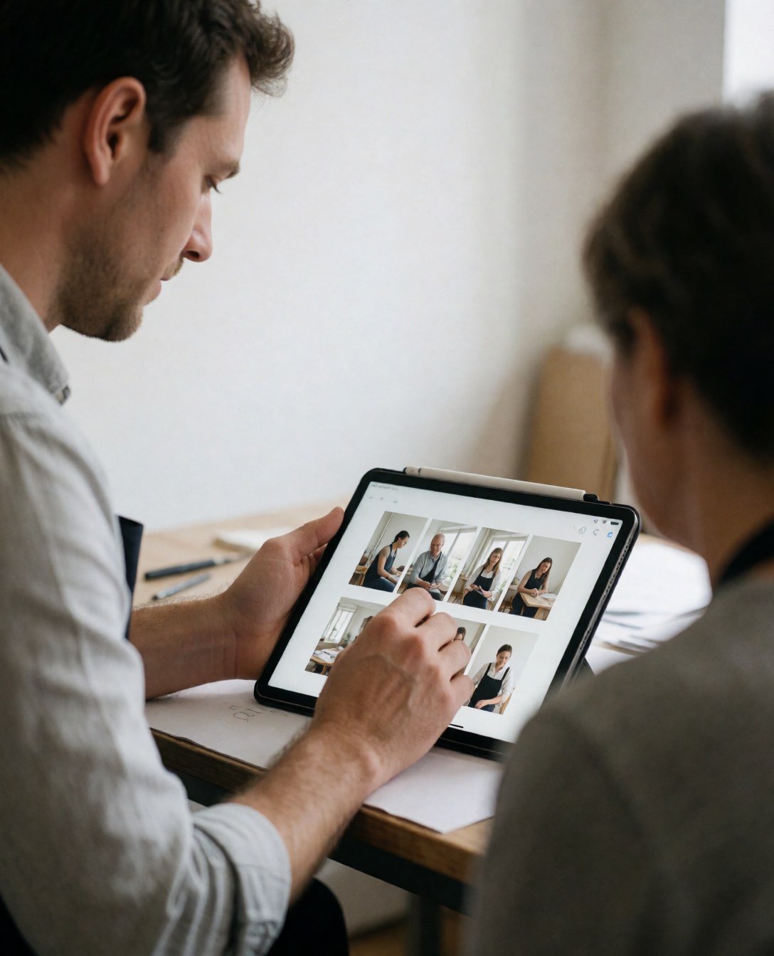 Photographer and client reviewing photos on a tablet in a studio with soft light and white walls