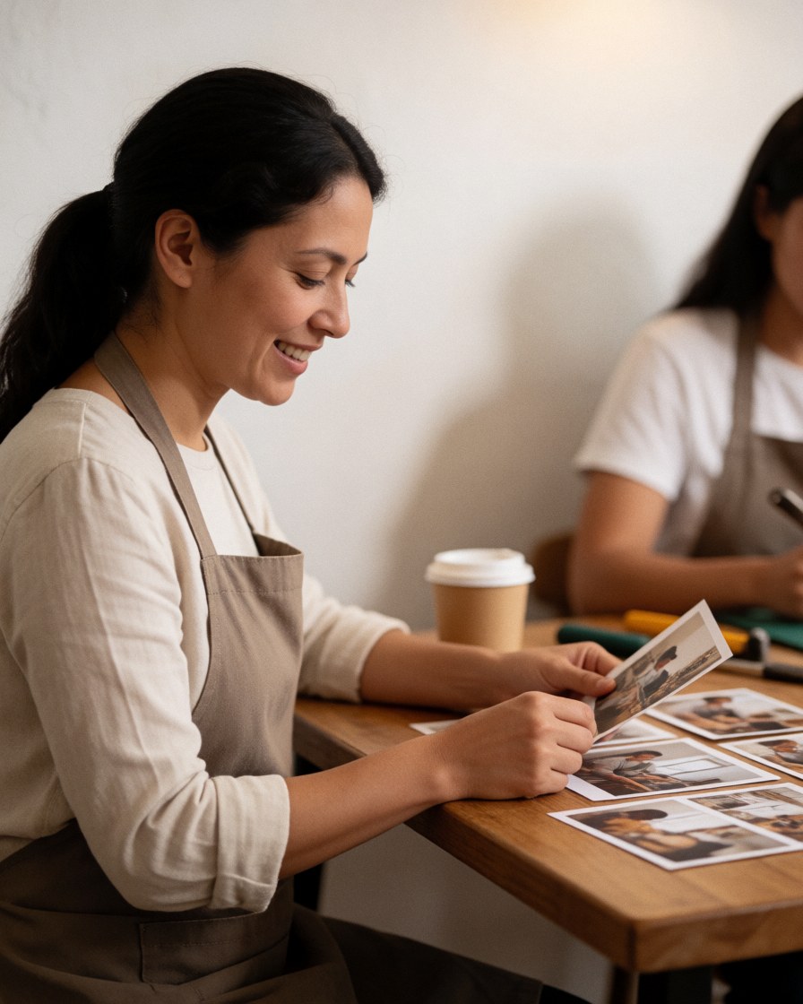 A smiling female photographer reviews printed photos on a wooden table with a coffee cup nearby in a bright studio with white walls.