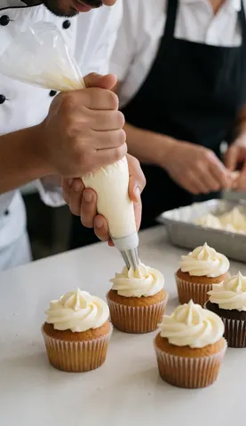 Close-up view of hands decorating cupcakes with colorful frosting for a bakery service
