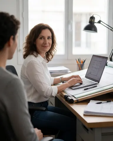 A female architect sits at her modern office desk working on a laptop with architectural blueprints and drawing tools, illuminated by natural light from a nearby window.