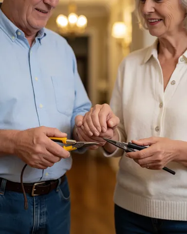 A smiling senior couple stands together in a warmly lit hallway of their newly renovated home, wearing casual clothing and looking pleased with the updated interior space.