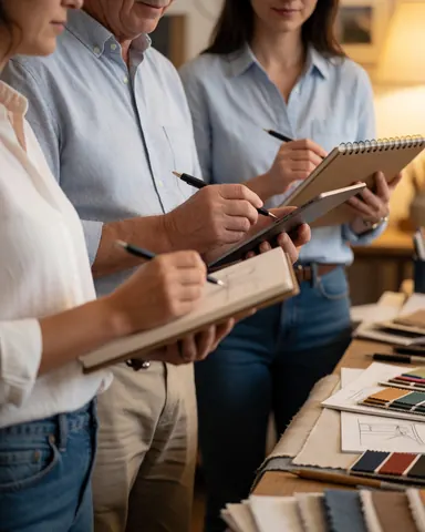 Three interior designers collaborate in a studio, sketching on tablets and notebooks surrounded by fabric swatches and color palettes under warm lighting.