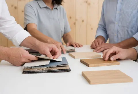 Interior designer reviewing fabric and wood finish samples with a client at a table to select materials for a project