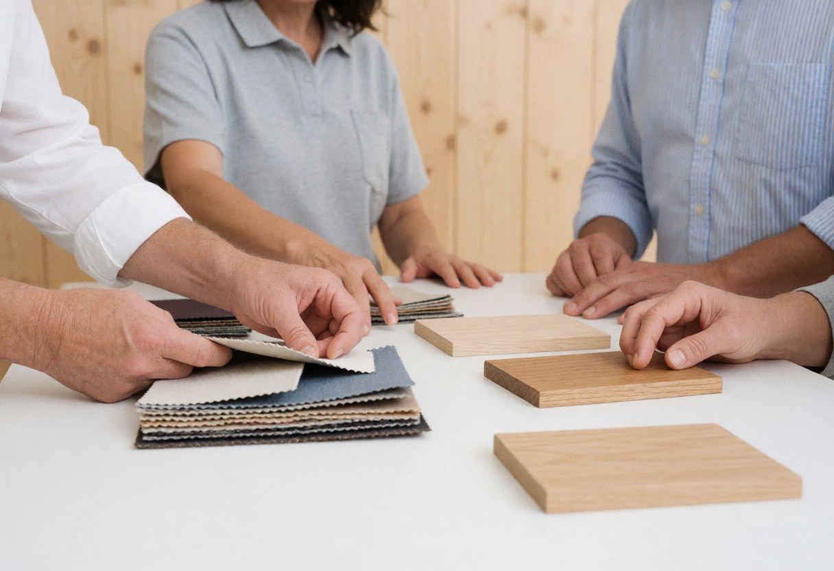 Interior designer reviewing fabric and wood finish samples with a client at a table to select materials for a project