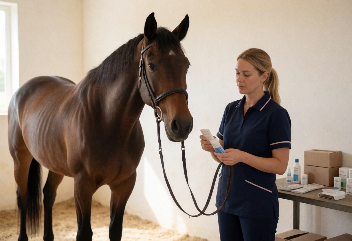 A veterinarian examines a horse inside a veterinary clinic, focusing on equine care and health assessment for business use.