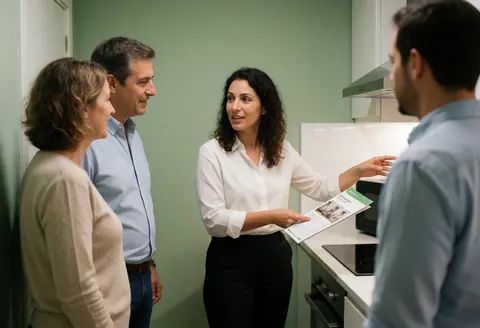 A real estate professional discusses kitchen appliances and design options with a couple in a model home