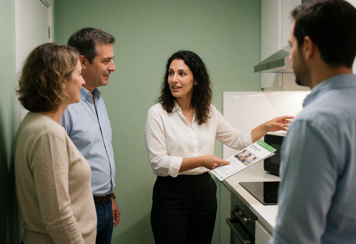 A real estate professional discusses kitchen appliances and design options with a couple in a model home