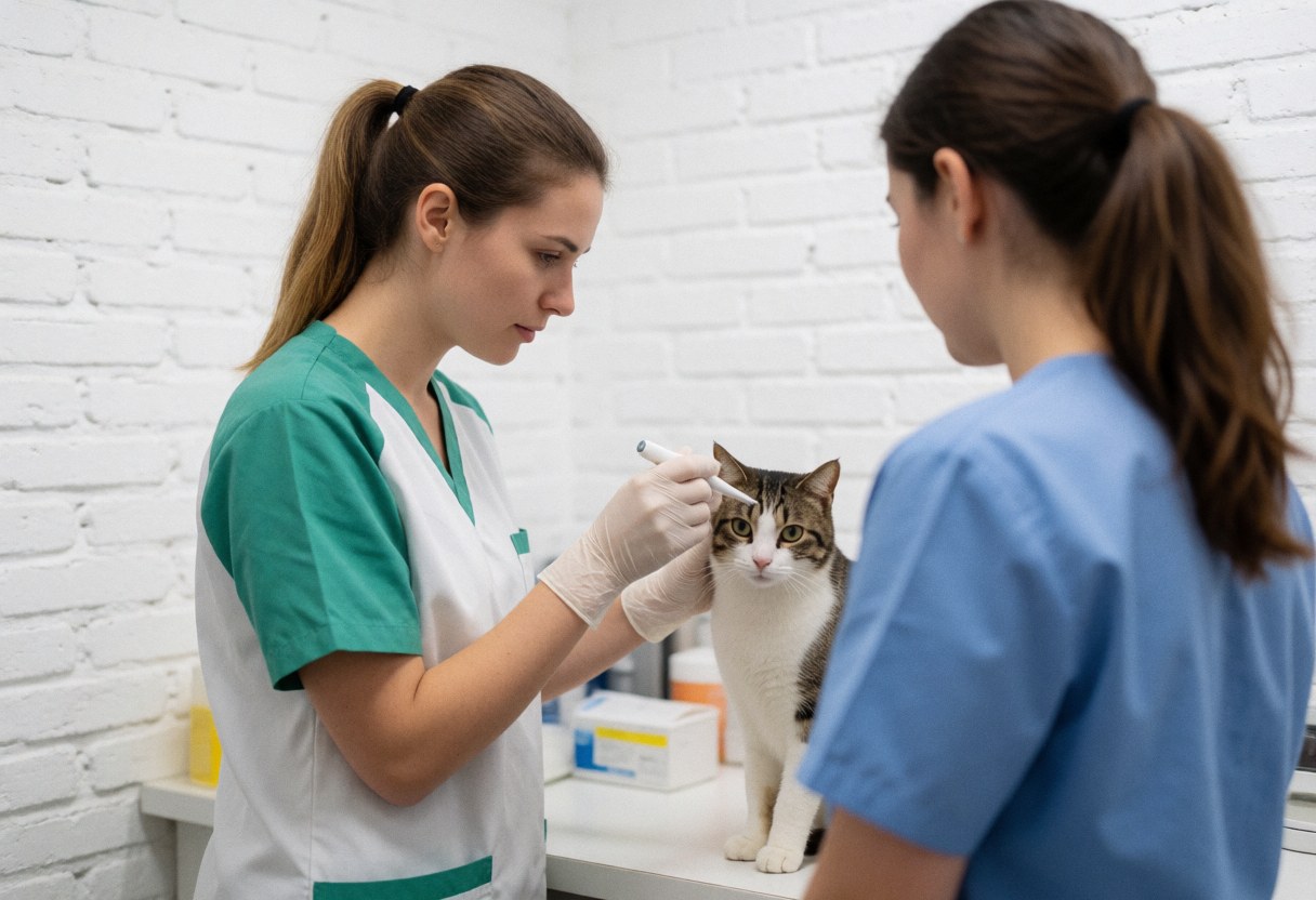 A veterinary technician wearing gloves measures a cat's temperature in a clinic with white brick walls while another person watches from behind.