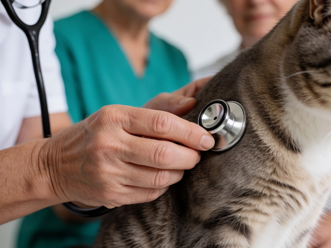 Close-up of a veterinarian's hands using a stethoscope to examine a cat, highlighting the animal's fur in a clinical setting with soft lighting and a blurred background.