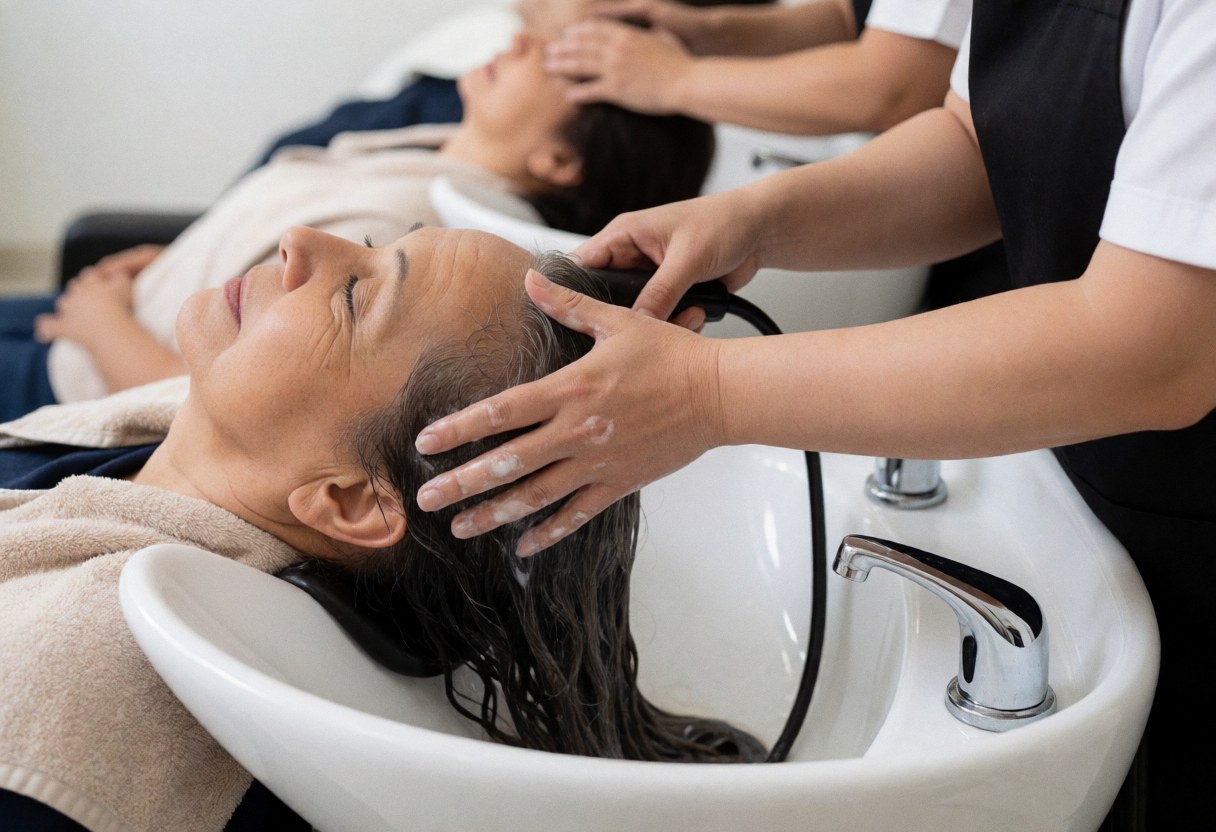 A professional hairdresser washes and massages a client's hair in a salon sink while another client waits in the background in a clean environment