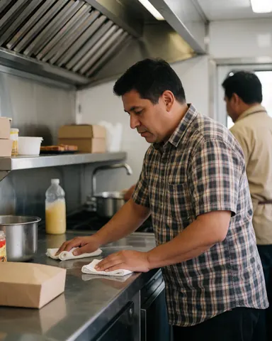 Food truck owner wiping down a stainless steel counter with a towel in a well-lit kitchen area surrounded by cooking tools and supplies