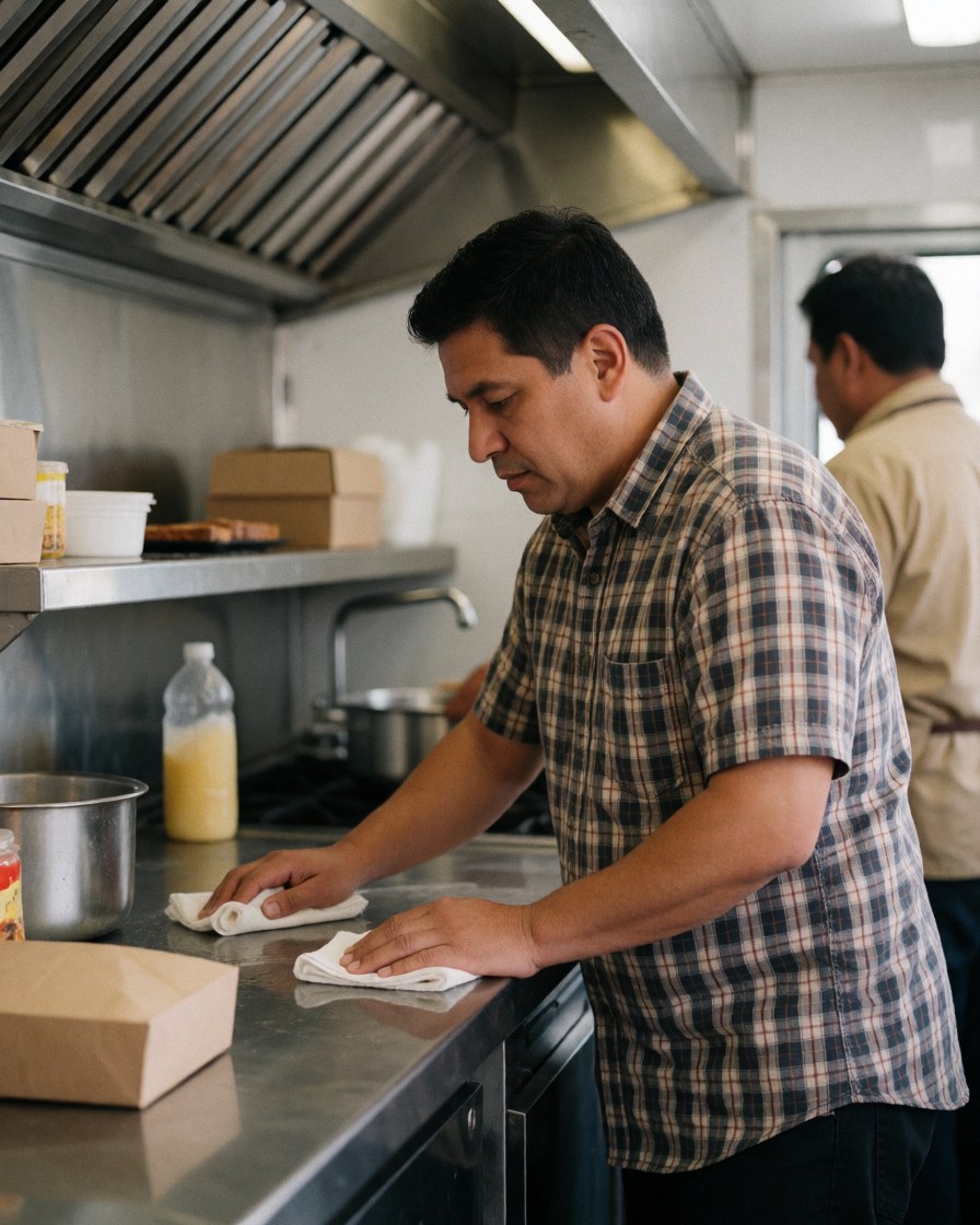 Food truck owner wiping down a stainless steel counter with a towel in a well-lit kitchen area surrounded by cooking tools and supplies
