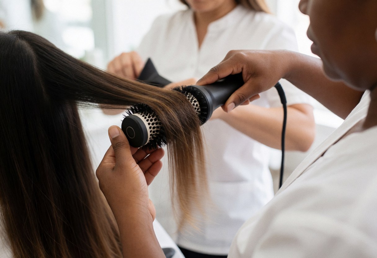 A professional hairdresser uses a hair dryer and comb to style long hair in a bright, modern salon with visible tools and products.